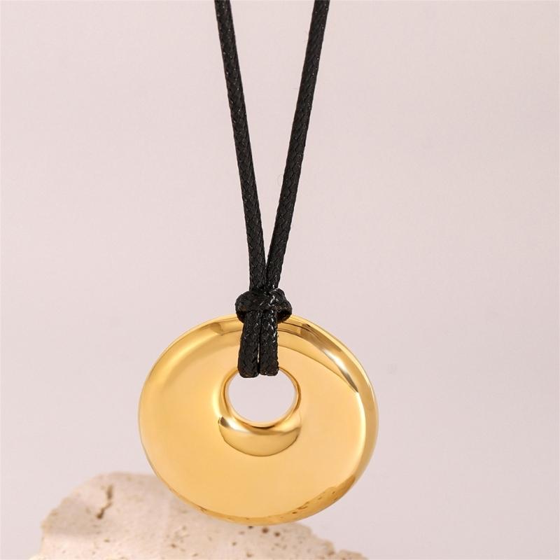 Stylish Black Cord Necklace With Leather Pendant Modern Jewelry Comfortable Black Rope Necklace For Women Everyday Wear
