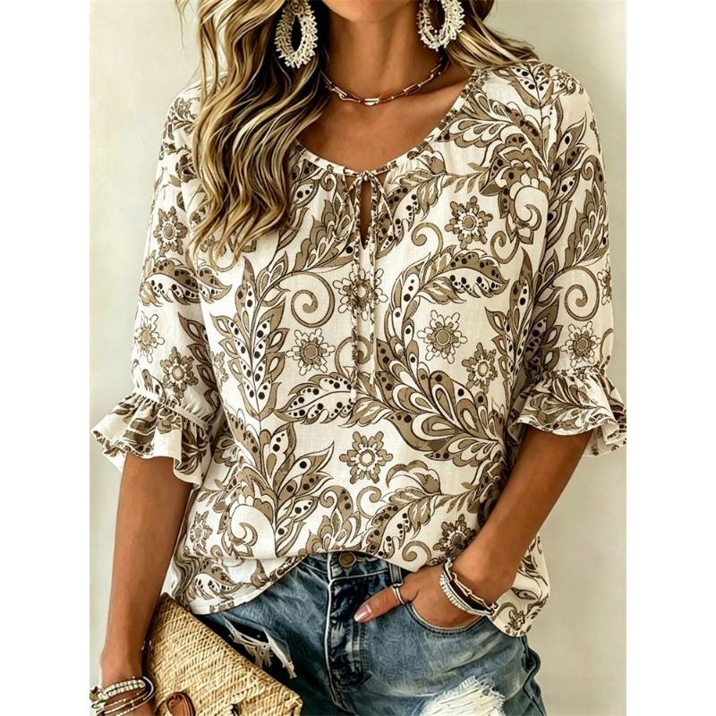 Women's Blue Beige Paisley Print Tie Neck Blouse, Casual Loose Tops for Spring Summer Daily Wear & Vacation Occasions
