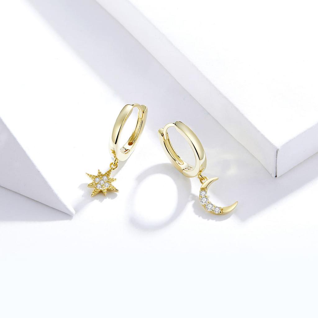 Star and Moon Gold Plated Silver Hoop Earrings 925 Silver