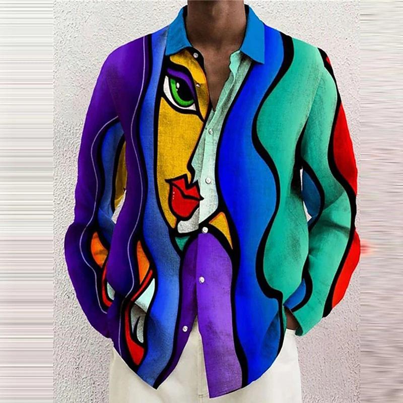 Camisetas de Rostro Abstracto Retrato Camisetas Impresas en 3D Hombres Mujeres Moda Camisa Hawaiana Manga Larga Blusa de Playa Ropa de Vacaciones para Hombres