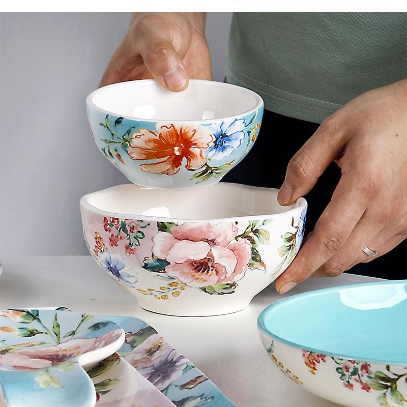 Floral Ceramic Dinner Underglaze Rectangular 12-inch Large Soup Household Set