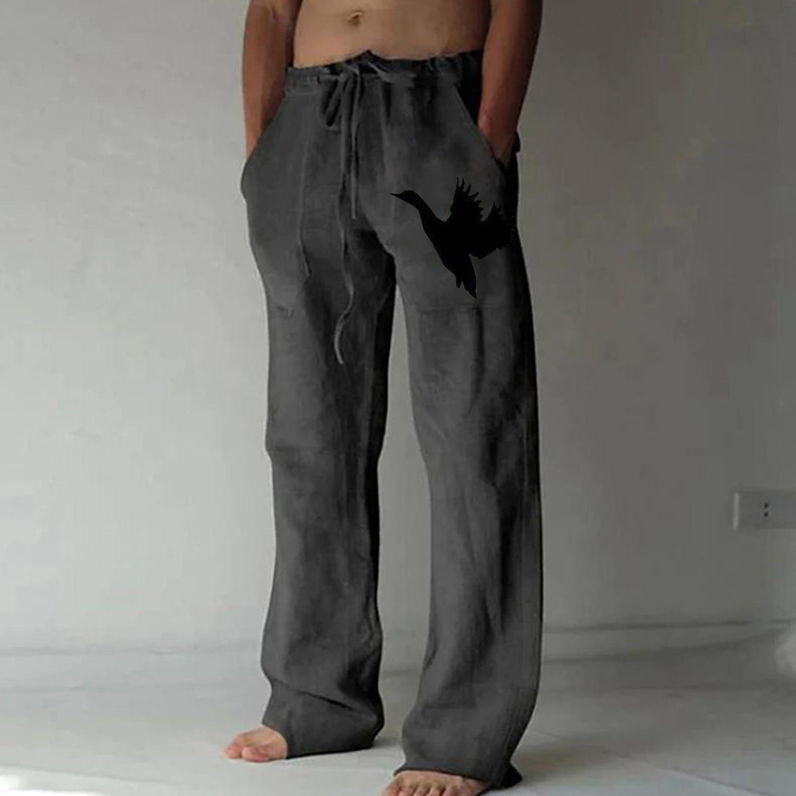 

Чоловічі вільні повсякденні однотонні бавовняні лляні штани з еластичною краваткою, прямі штани з принтом XL