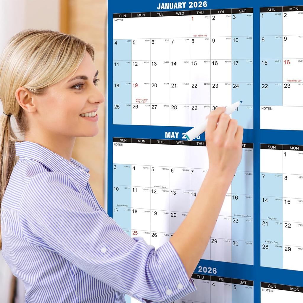 32" X 48" 2026 Wall Calendar Large Dry Erase Calendar for Wall Erasable Laminated 12 Month Wall Planner Yearly Annual Calendar Reversible