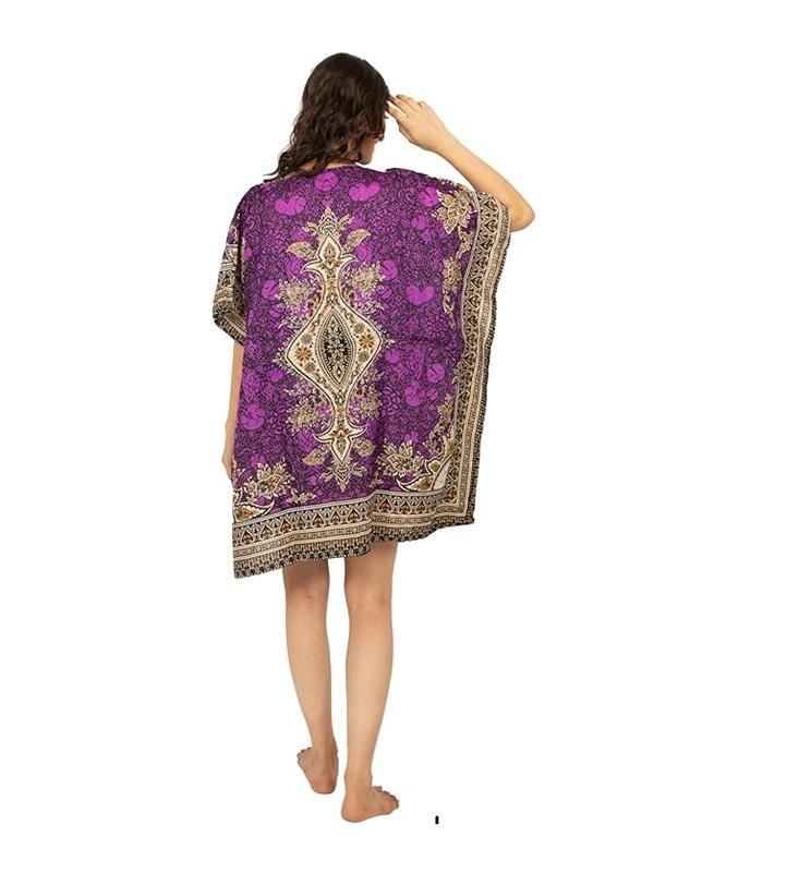 TreegoArt Fashion Women's Polyester Short Kaftan Caftan Printed Adjustable Boho Dress Nightwear Maxi Gown