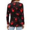 Women's Halloween Print V-Neck T-Shirt with Decorative Buttons Long Sleeve Casual Top