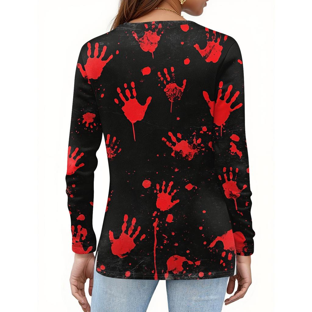 Women's Halloween Print V-Neck T-Shirt with Decorative Buttons Long Sleeve Casual Top