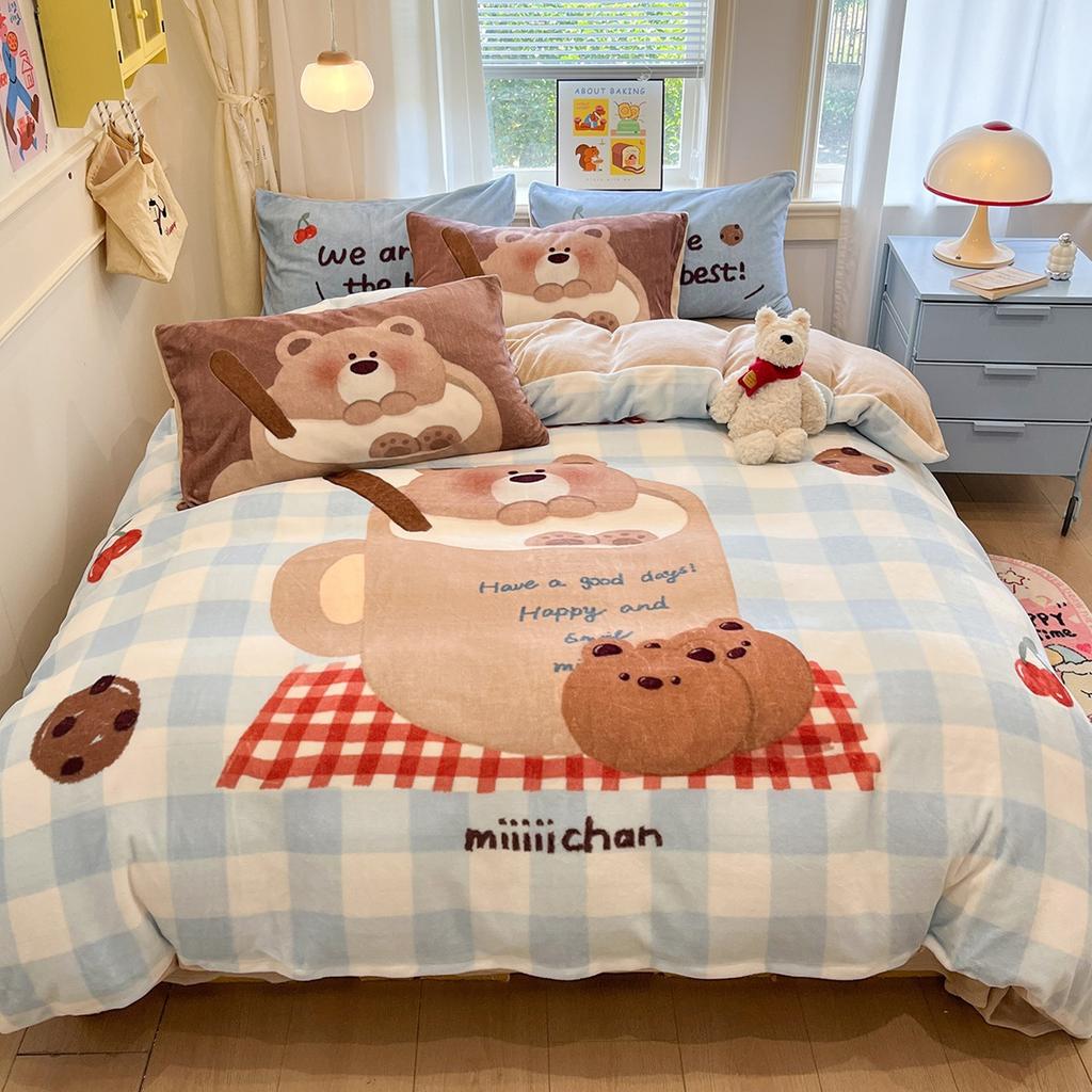 Thickened Milk Fleece Bed Four-Piece Set Coral Flannel Quilt Cover Children'S Bedding Sheets Three-Piece Set