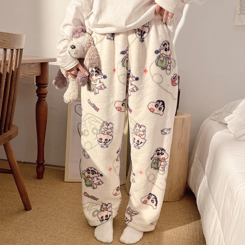 Korean Style Women's Fleece Pajama Pants - Flannel Cartoon Design for Autumn and Winter