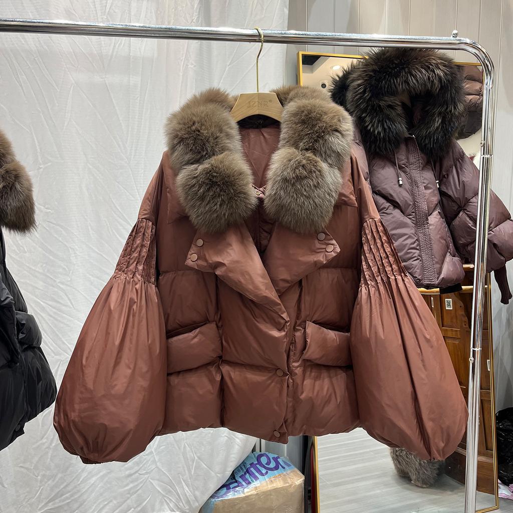 Winter New Natural Fox Big Fur Collar Bubble Sleeve Down Jacket Women's Short Thickened Warm Loose Coat