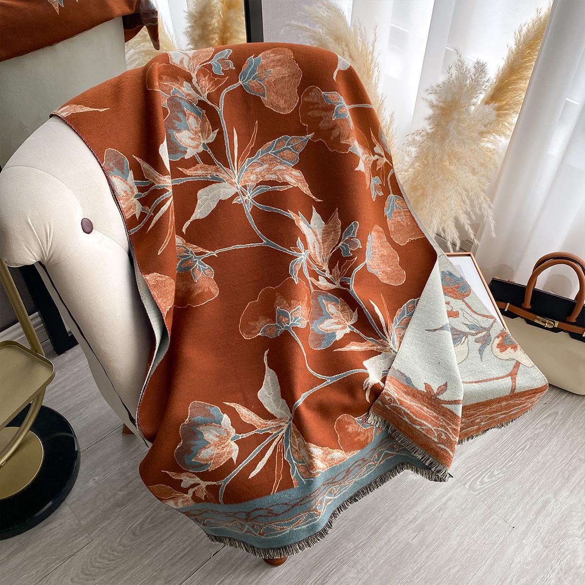 

Шаль шарф Женский зимний верхний цветочный шарф Одеяло Двусторонний двухцелевой защита плеч и шеи для сохранения тепла Премиальное ощущение 185x65cm коричневый