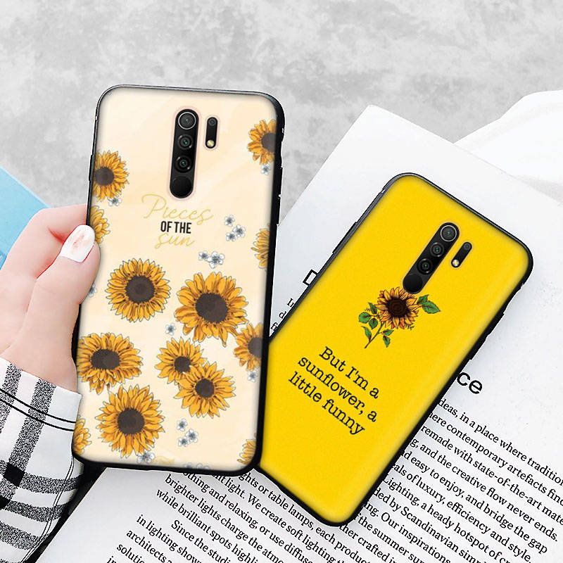 Black Case for Xiaomi Redmi 13C Note 9 iPhone XR 7 8 14 15 11 12 13 X XS Pro Max Samsung A25 S23 S24 FE Ultra Plus Sunflower