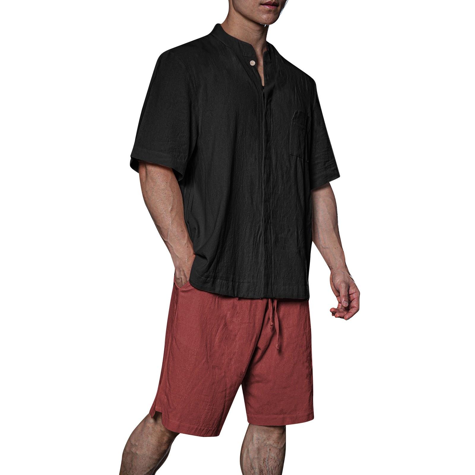 

Чоловіча однотонна бавовняна сорочка без коміра з кишеньковим льоном і ґудзиками L чорний