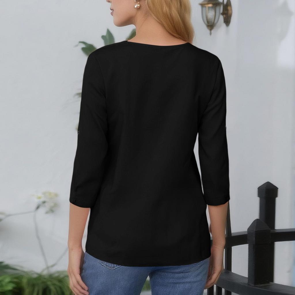 Ladies' Casual Fashionable Loose And Comfortable Round Neck Long Sleeved Button Hem Color Top