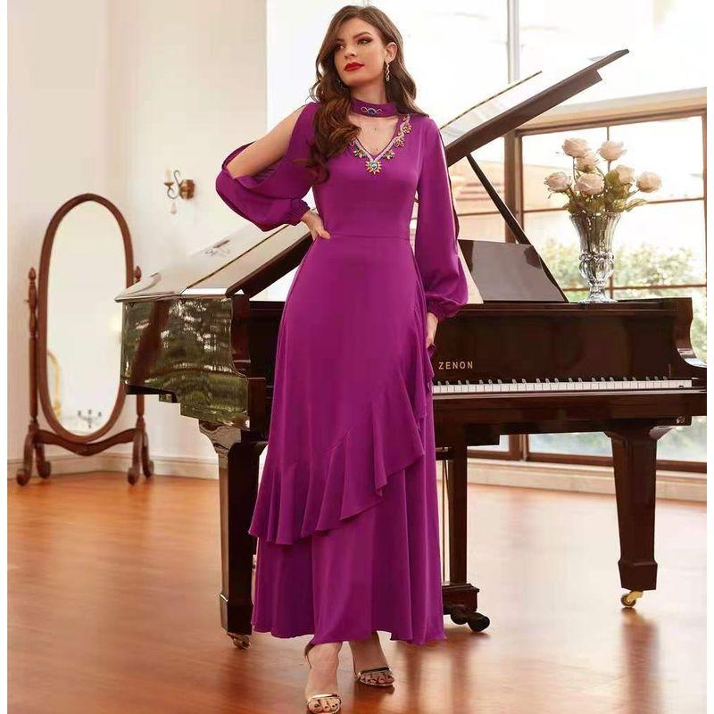 

Rose Red Hand-stitched Diamond Hollow Long Sleeve Party Dres Rose Red M