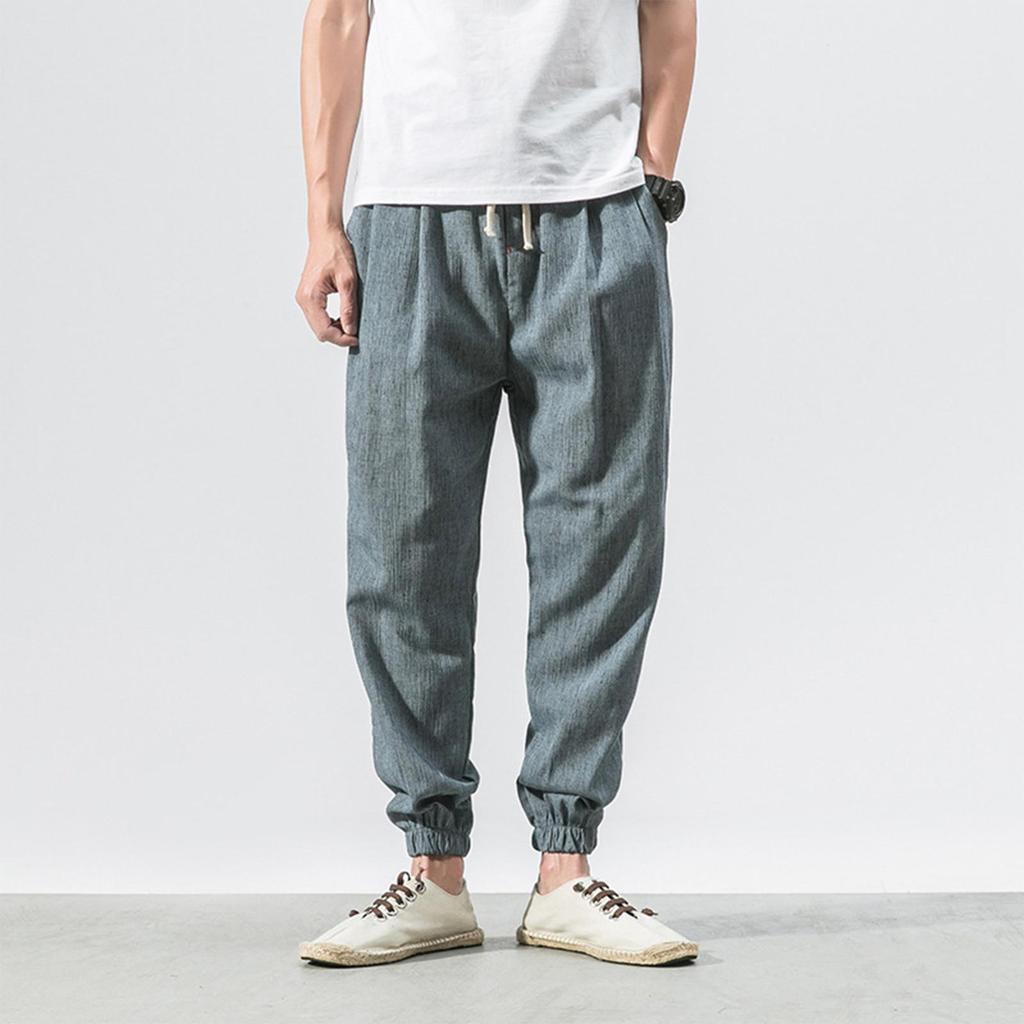 Men's Casual Slim Sports Pants Ankle-Length Linen Trousers Baggy Pants