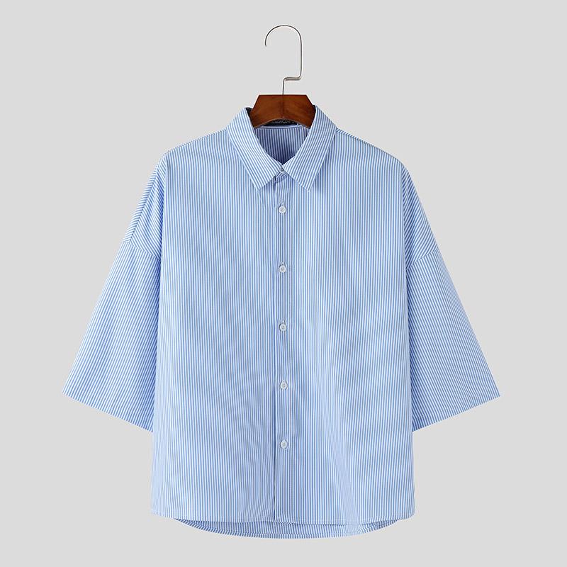 

INCERUN Oversized Summer Men Turn-down Collar Half Sleeve Striped Casual Shirts XL синий