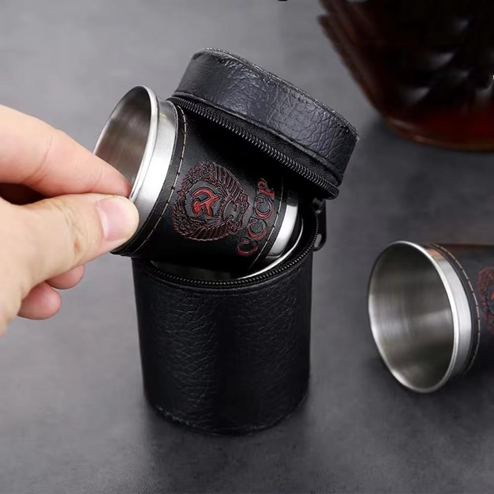 Vodka Cup 304 PU holster Russia Stainless Steel Mini Wine Tumbler Portable Personalized 4pcs 30ml/75ml/170ml Shot Glass Set