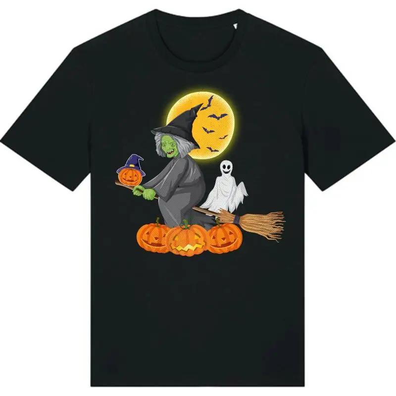 Halloween Witch Ghost Pumpkin Ride Graphic Cotton T Shirt Casual Crew Neck Tee S