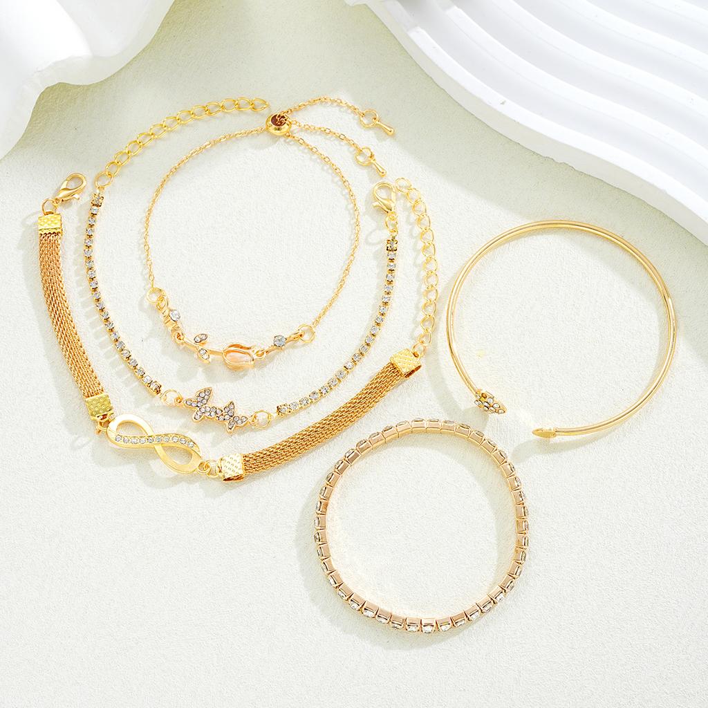 5pcs Exquisite Gold Color Butterfly Bracelet Set For Women Vintage Rhinestone Heart Infinity Cuff Bangle Daily Wear Jewelry Gift