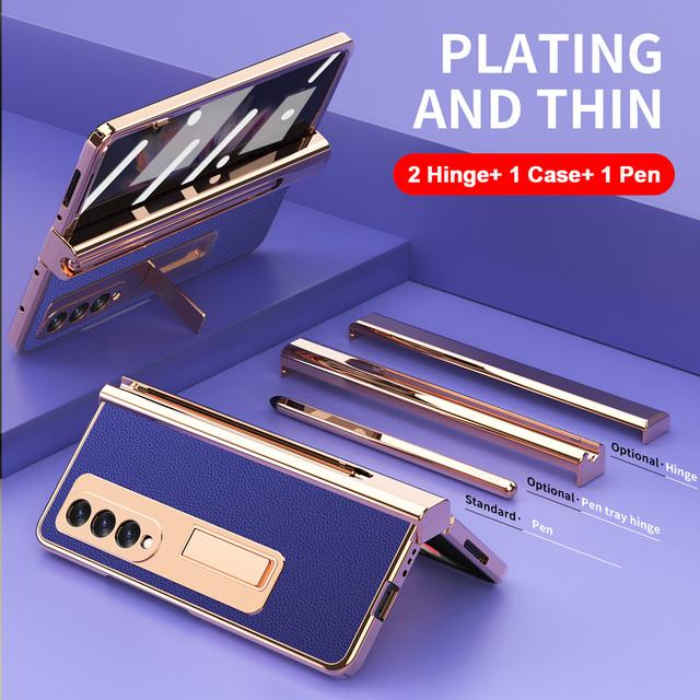 2 Stück Scharnier mit Stift für Samsung Galaxy Z Fold 3 2 5g Hülle mit Touch Pen Slot Frontglas Ständer Halter Lederhülle