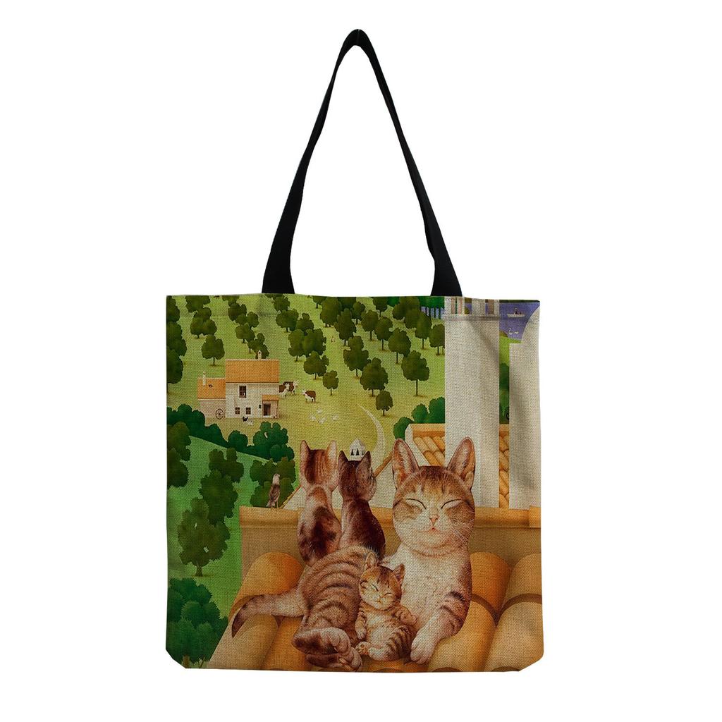 Women Vintage Linen Tote Bag - Large Capacity Cat Print Shoulder Handbag for Casual & Grocery Shopping KTB