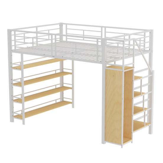 Youth Bed with Safety Stairs Several Shelves Built-in Wardrobe Strong Load Bearing Metal Frame Loft Bed Home Furniture
