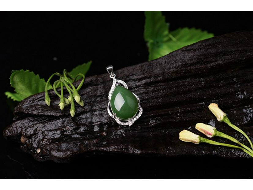 925 Sterling Silver Hetian Jade Water Drop Pendant Necklace with Certificate Jasper Style