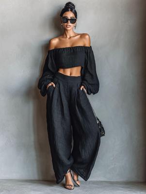 European-American Off-Shoulder Top and Wide-Leg Pants Two-Piece Set - Loose Summer Vacation Style for Women