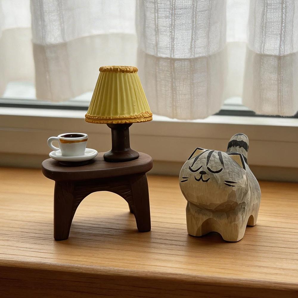 Cute Cat Animals Figurine Decorative Wooden Ornament Miniature Kitten Coffee Home Bedroom Office Desk Decoration Gift Statue