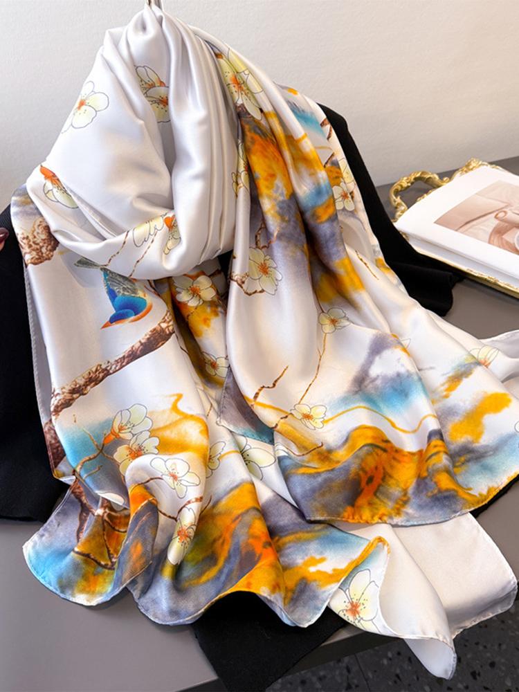 Elegant Women Satin Silk Scarf Beach Wrap Shawls Floral Print Sunscreen Bandanas Hijab Mujer Scarve Pareo Casual Chinese Style