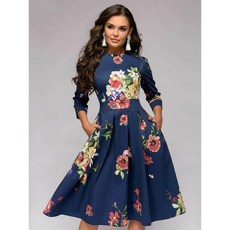 

Crew Neck 3/4 Sleeve A- Line Dress round Neck 3/4 Sleeves Floral A- line Dress Navy Blue M