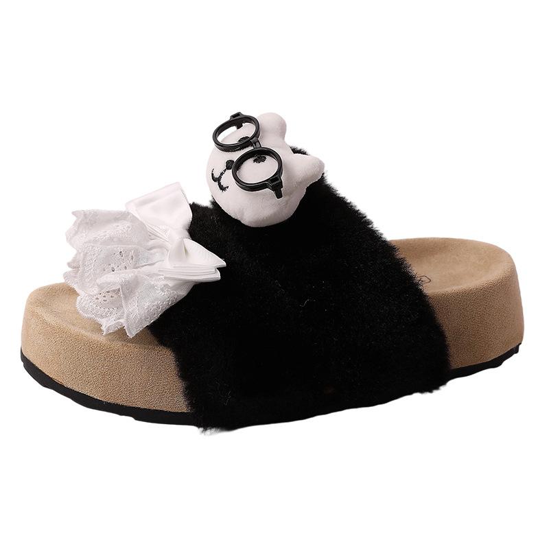 Bear lace bow girl fluffy slippers outer wear autumn and winter cute cartoon thick-bottomed indoor one-word slippers