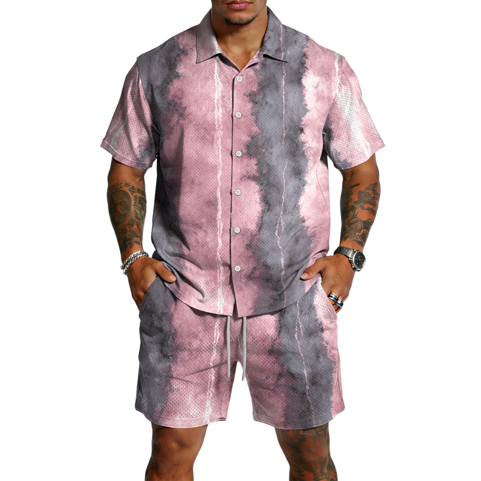 Men s Casual Lightweight Breathable Short Sleeve Shirt and Drawstring Shorts Set Textured Patterned Summer Outfit L