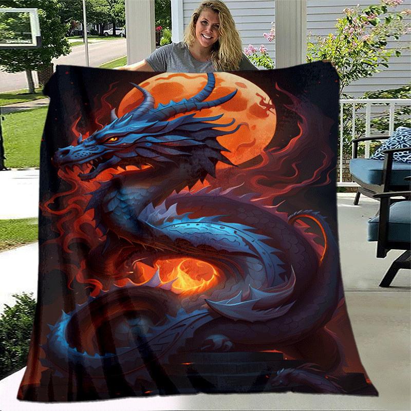 1pc Dragon Moon Printing Lightweight Flannel Blanket, Comfortable and Warm Blanket, for Camping Sofa Bed and Couch Office, Gift