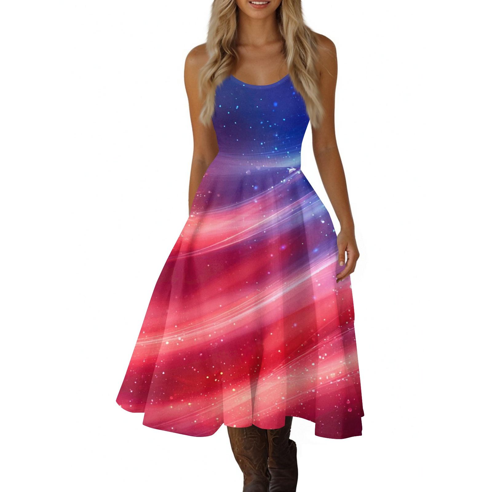Women s Casual Fashion Independence Day Print V-Neck Retro Sleeveless Dress S