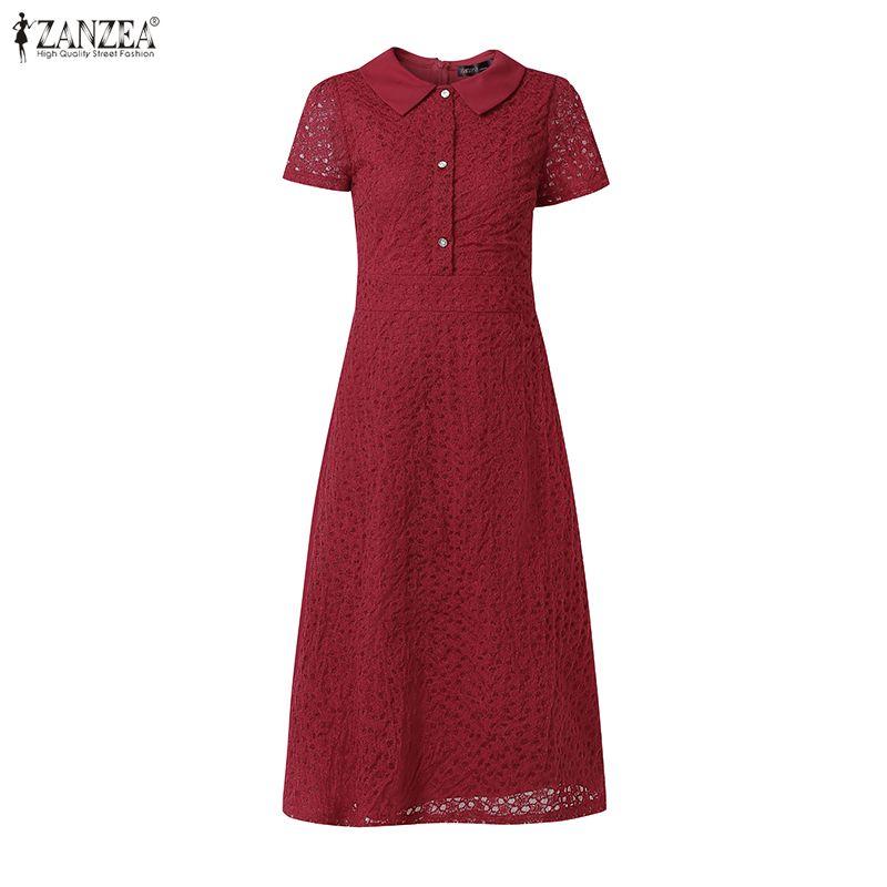 ZANZEA Women Casual Turn Down Collar Short Sleeve Patchwork Lace Dress