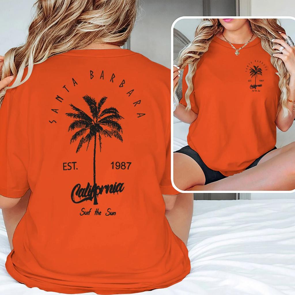 Coastal Outfit Retro Sunset Print Short Sleeve T-shirt Women's Men's Clothing Palm Tree Text Print Fashion T-shirts