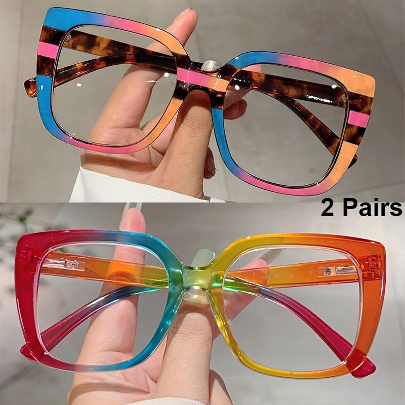 2 Pairs Oversized Square Glasses Women Fashion Patchwork Optical Frames Trendy Blue Light Blocking Multi-color Rim Eyeglasses