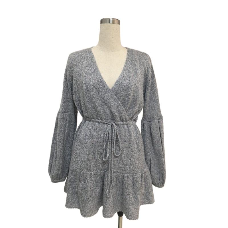 

IHUASU осенне-зимняя мода платье однотонный завязывающийся веревочный V-образный вырез вязаный свитер женский средней длины джемпер XL серый