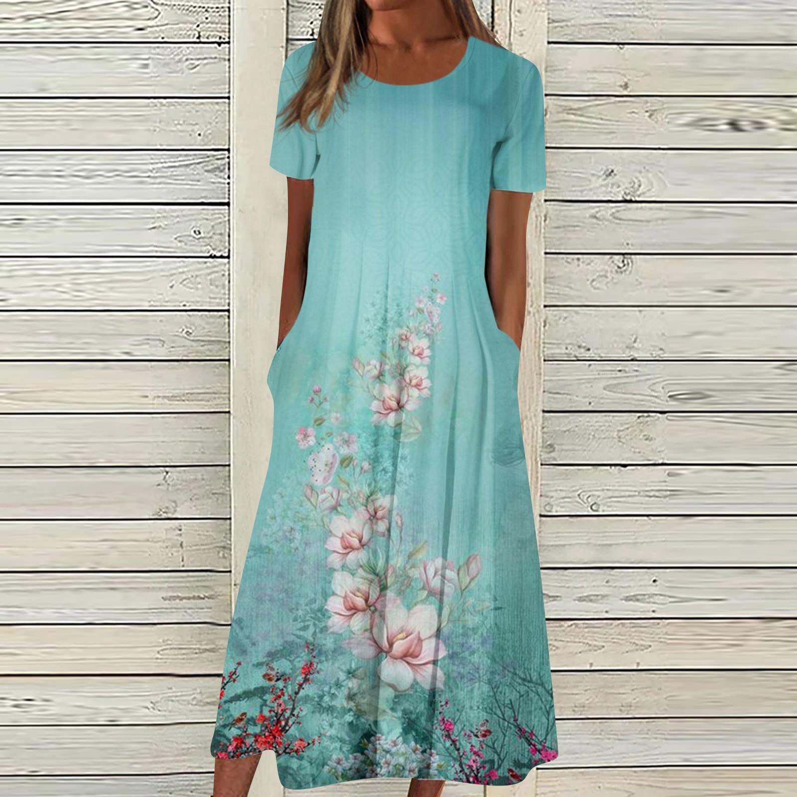 Женское летнее повседневное модное платье с коротким рукавом и карманом с круглым вырезом — фото 8