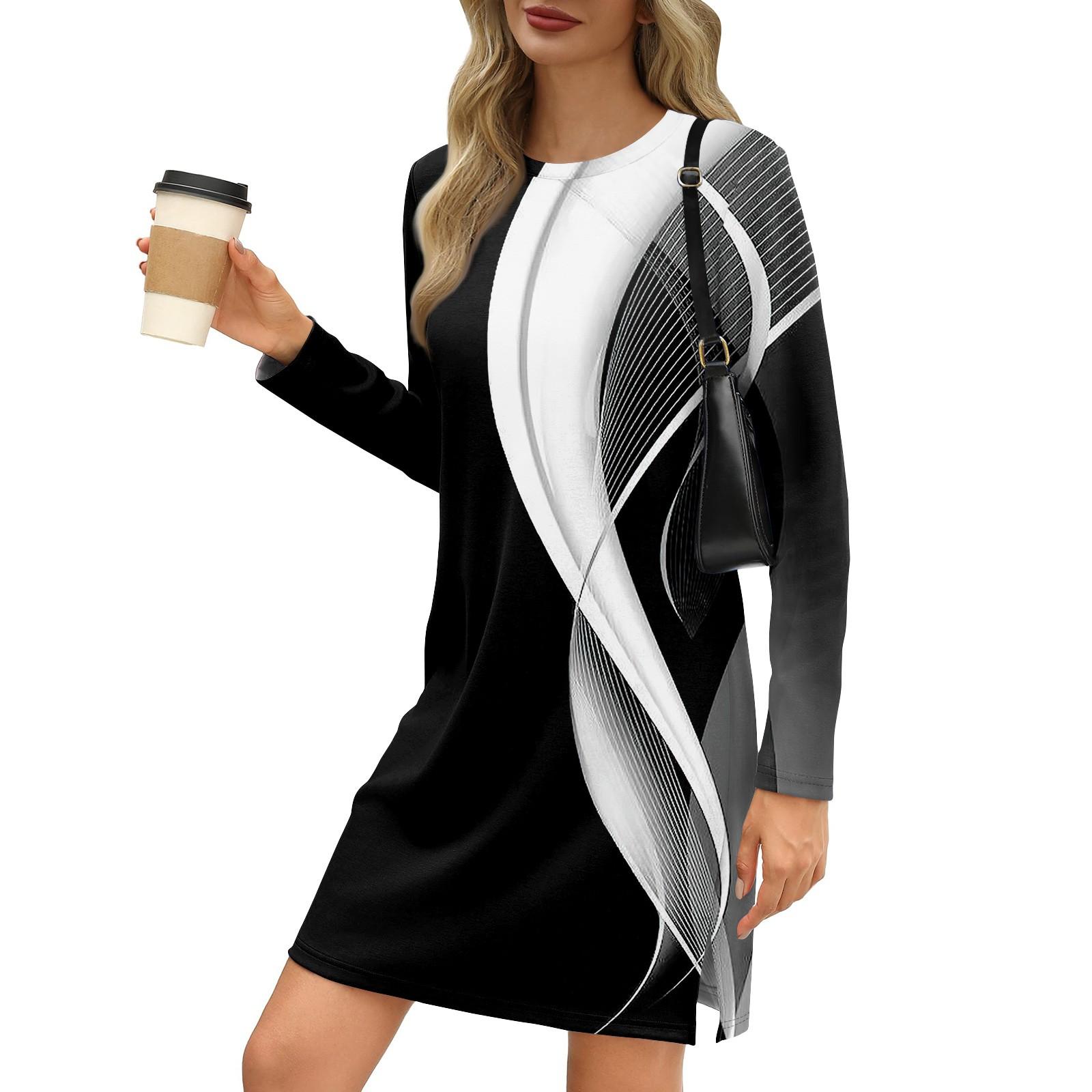 Женское модное повседневное платье с круглым вырезом и длинными рукавами и разрезом — фото 3