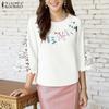 ZANZEA Women Casual Round Neck Loose Print 3/4 Sleeve Blouse