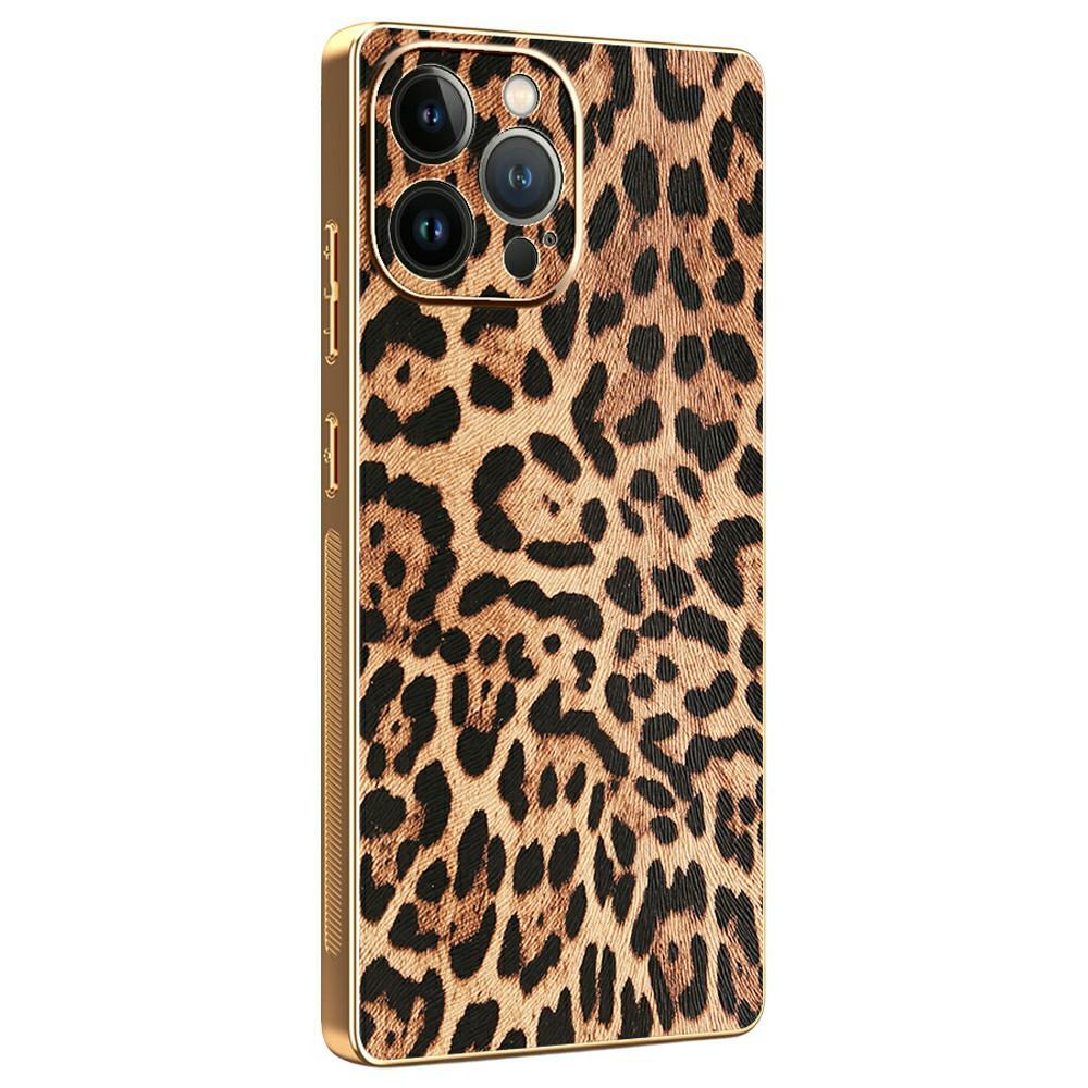 

For iPhone 13 Pro Max Case Leopard Print PU Leather Coated PC+TPU Electroplating Phone Cover A