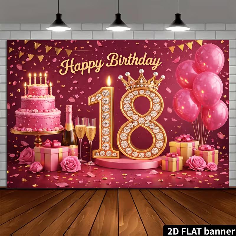 2D 18th Birthday Party Decoration Backdrop, Pink Gold Cake & Crown Photo Background Banner
