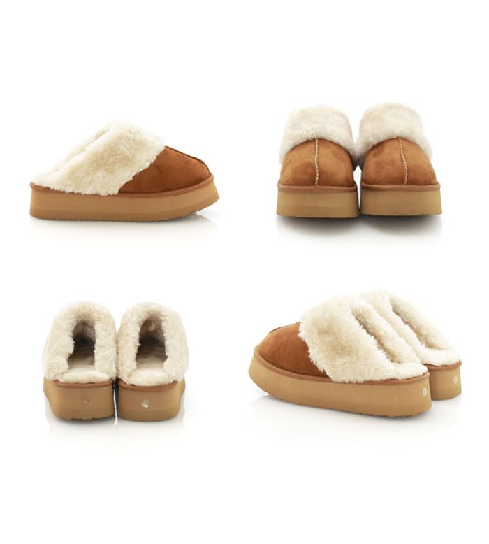 Papuci de casă Room Nine din piele de oaie cu talpă groasă, ușoară și pufoasă, confortabili și călduroși, cămilă, mărime L, pentru femei, talpă de 4,5 cm, blană, detaliu, (kk-6046), Piele intoarsa,