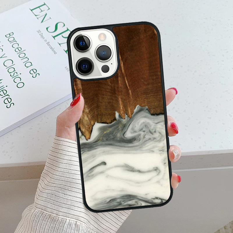 Wood Resin Marble Printed Soft Rubber Phone Case For iPhone 17 Air 15 16 16e 14 13 12 11 Pro Max Coque PLUS fundas cover