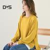 Women Sweatshirt Round Neck Long Sleeve Solid Color Loose Fit Pullover Tops Fake Two Pieces Side Slit Design Casual Sport Tops
