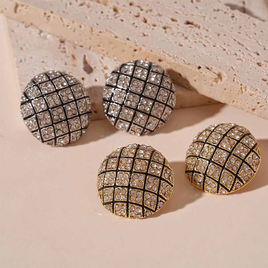 Retro style diamond-set round geometric silver needle stud earrings simple niche premium earrings