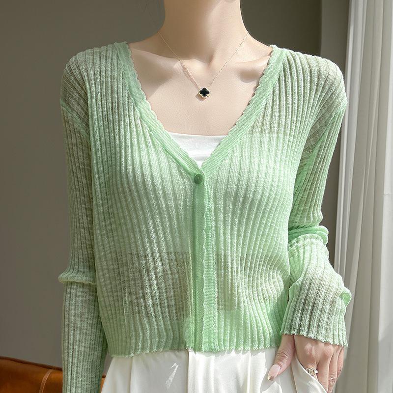 Women Thin Long Sleeve Solid Sunscreen Knit Cardigan Summer Outerwear Cover Up