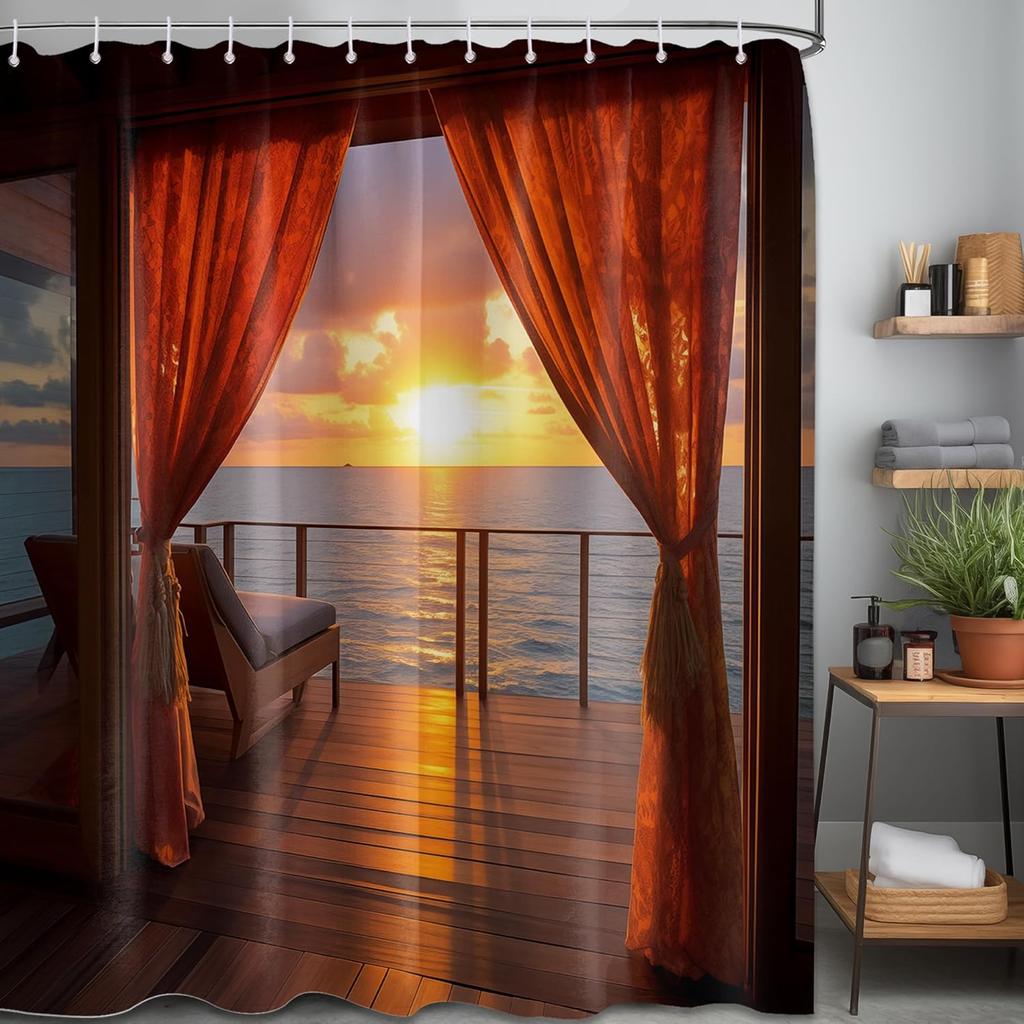 Summer Beach Theme Shower Curtain, Ocean Scenic Beachy Sunset Scene Pattern, Nature Landscape Coastal Bathroom Curtain Set